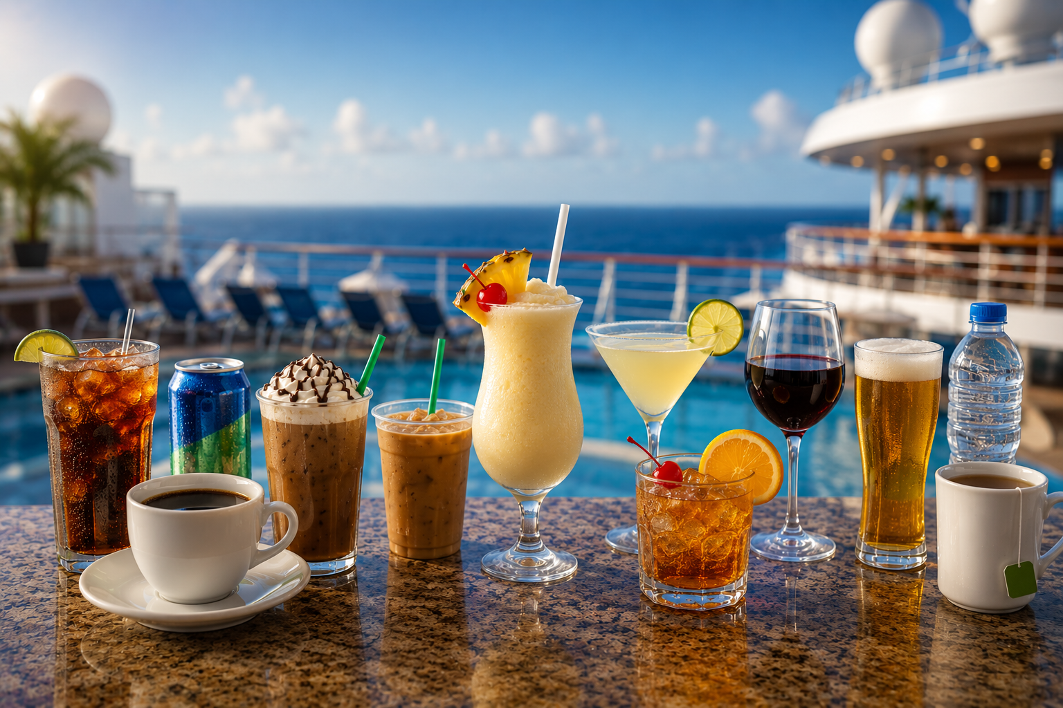 Cruise drinks arranged on an outdoor deck