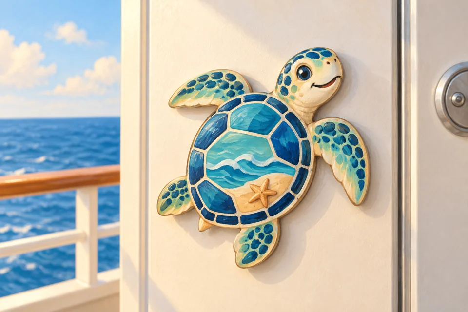 Illustration of a decorative sea-turtle cabin-door magnet