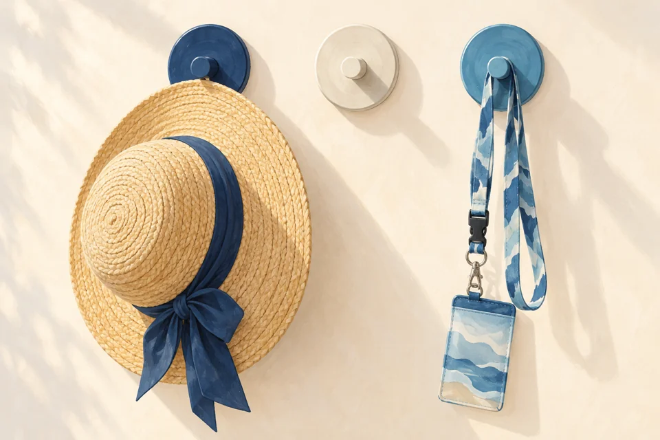 Illustration of magnetic hooks holding a sunhat and lanyard