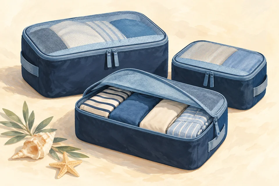 Illustration of fabric packing cubes with folded clothes