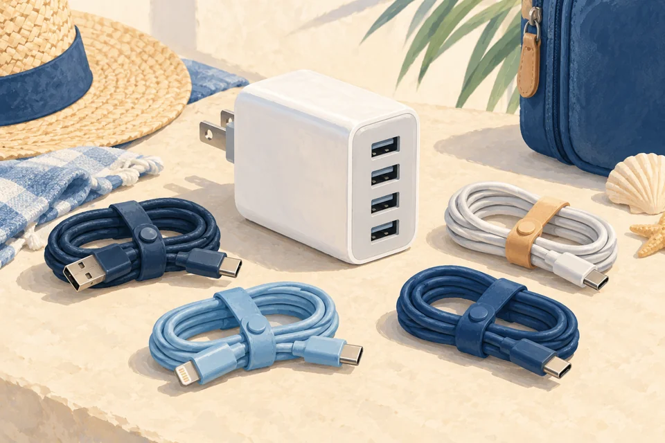 Illustration of a USB wall charger and charging cables